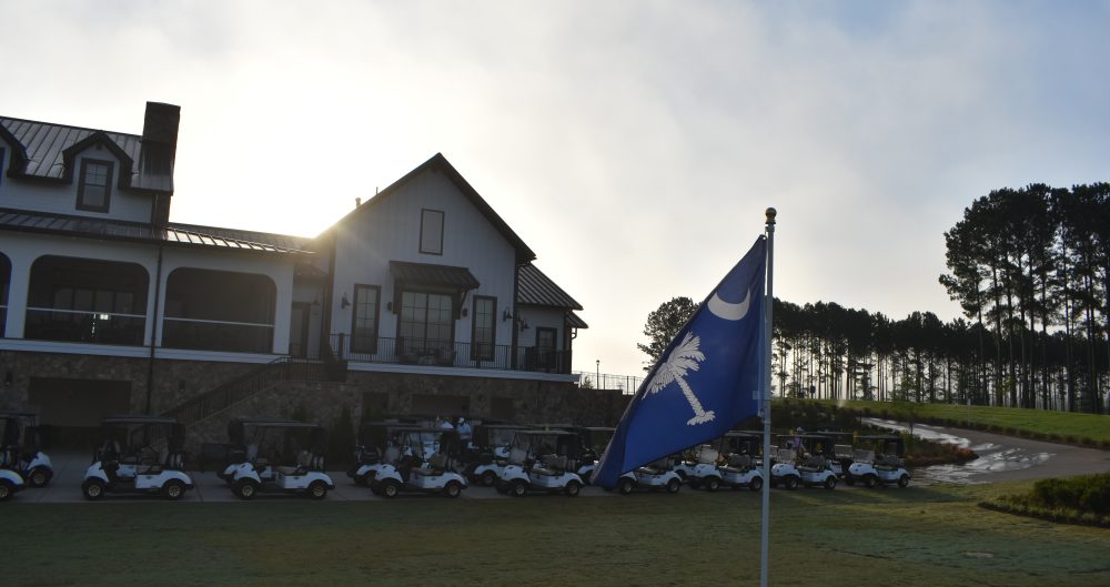Clubhouse with the flag in front